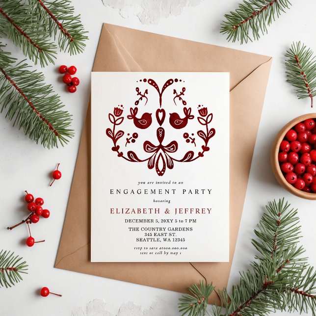 Lámina Partido de Participación de Navidades de Aves Nórd (Nordic Birds Christmas Engagement Party Invitation)