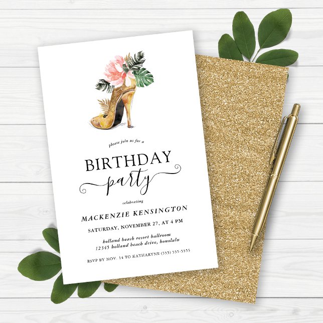 Lámina Partido del cumpleaños de Floral Heels, Purpurina  (Budget Gold Glitter Floral High Heels Birthday Party Invitation)