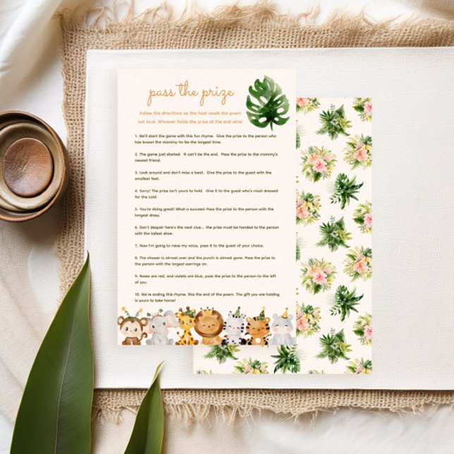 Lámina Pasar el juego de Baby Shower de precios - animale (tropical flowers and jungle animals for a safari baby shower pass the prize game)