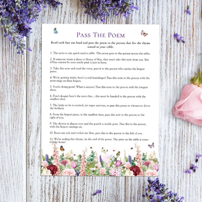 Lámina Pasar el poema Floral Mariposa Bridal Shower Game (Subido por el creador)