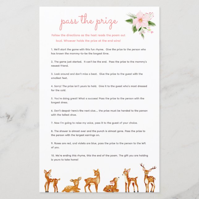Lámina Pase el premio Baby Shower Game Pink Floral Deer (Anverso)