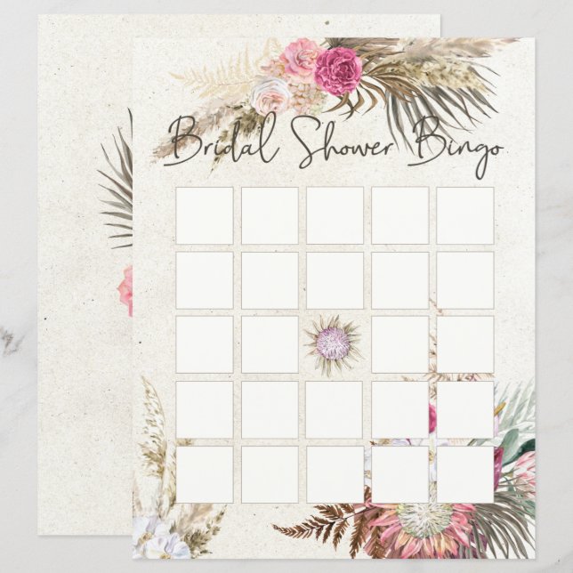 Lámina Pastel Boho Neutral Floral Bridal Shower Bingo (Anverso / Reverso)
