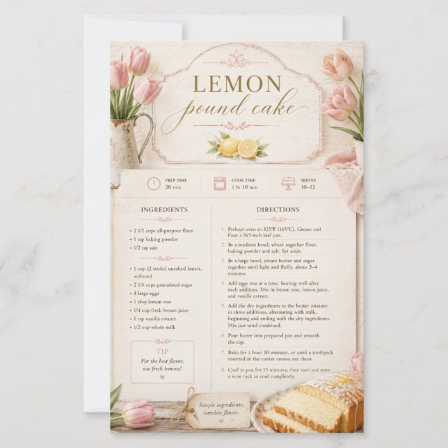Lámina Pastel de Limón, Tulipanes Rosas Granja Rústica (Anverso)