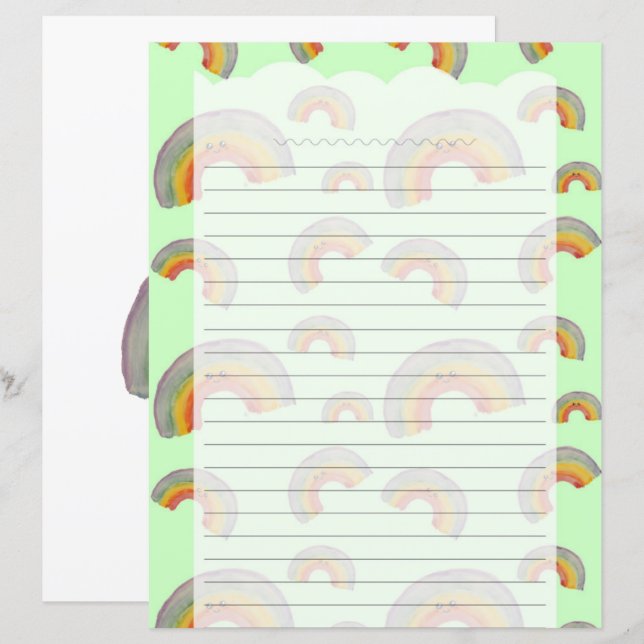 Lámina Pastel Green Kawaii Rainbow Stationery Paper (Anverso / Reverso)