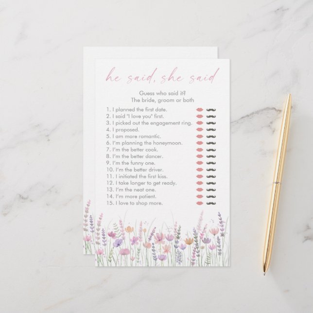 Lámina Pastel Wildflowers He Said She Said Bridal Game (Anverso/Reverso In Situ)