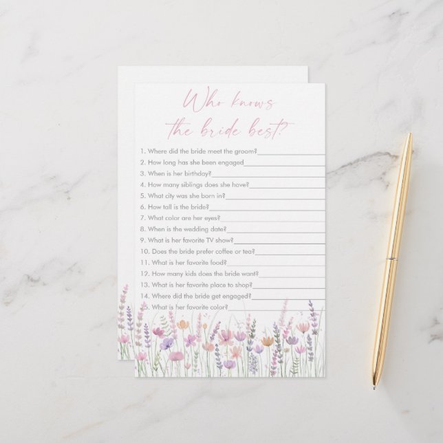 Lámina Pastel Wildflowers Who Knows the Bride Best Game (Anverso/Reverso In Situ)