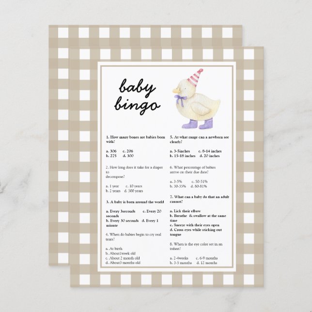 Lámina Pato - Baby Trivia | Juego Baby Shower (Anverso / Reverso)