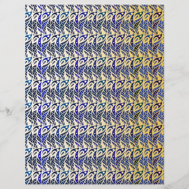 Lámina Patrón caprichoso de plumas de pavo real en azul y (Anverso)