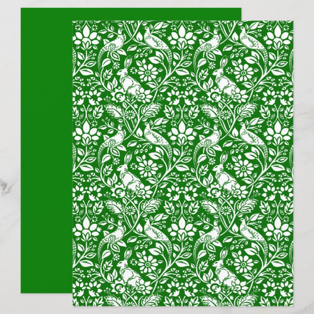 Lámina Patrón de faisán y liebre, verde esmeralda y blanc (Anverso / Reverso)
