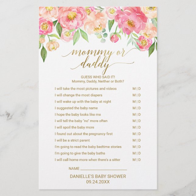 Lámina Peach and Pink Peony Flower Baby Word Scramble Gam (Anverso)