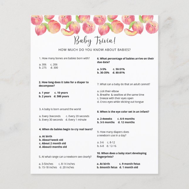 Lámina Peach Baby Trivia | Juego Baby Shower (Anverso)