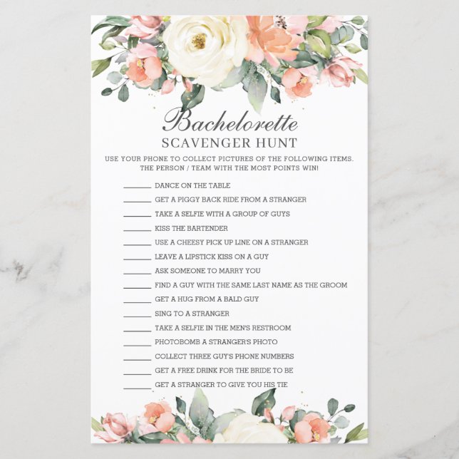 Lámina Peach Floral Bachelorette Scavenger Hunt Game (Anverso)