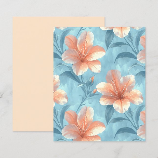 Lámina Peach Hibiscus Floral on Soft Blue Scrapbook Paper (Anverso / Reverso)