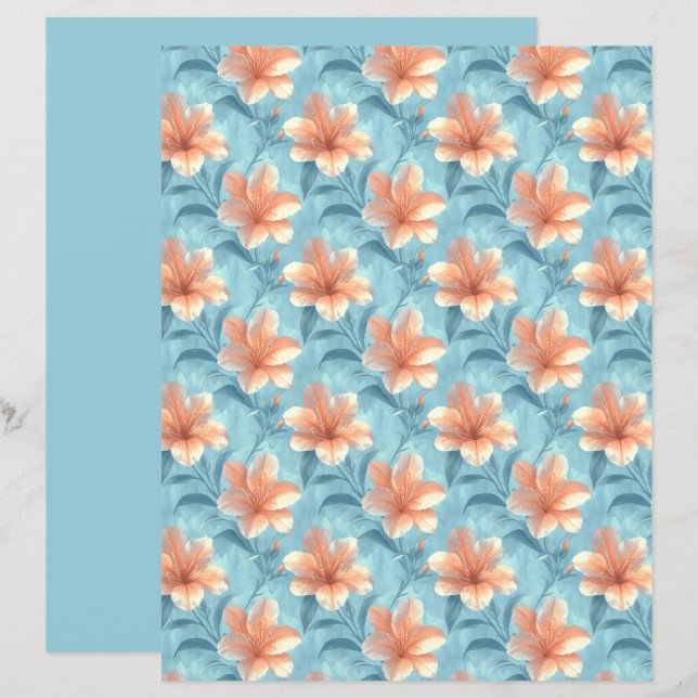 Lámina Peach Hibiscus Floral Scrapbook Paper (Anverso / Reverso)