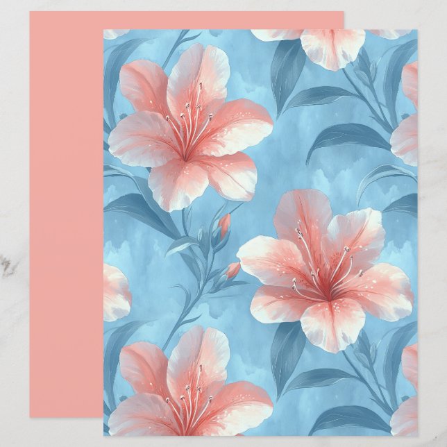Lámina Peach Hibiscus Floral Scrapbook Paper (Anverso / Reverso)