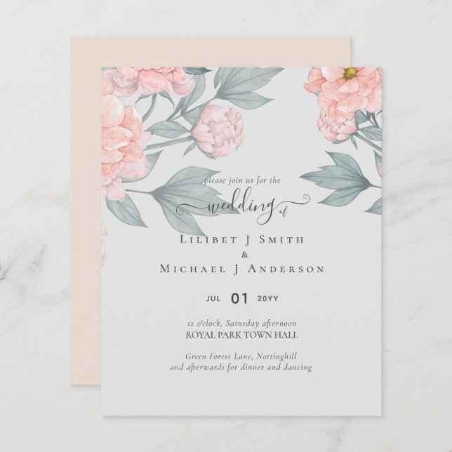 Lámina Peach Peonies Sage Floral Budget Boda (Anverso / Reverso)