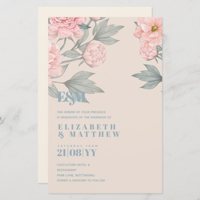 Lámina Peach Peonies Sage Floral Budget Boda (Anverso / Reverso)