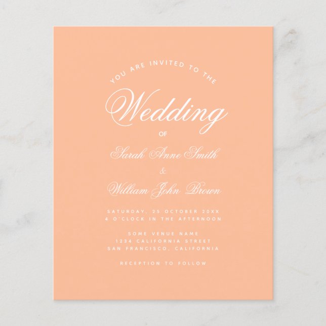 Lámina Peach Simple Script Budget Wedding Invitación (Anverso)