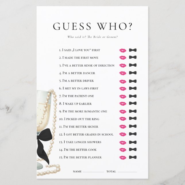 Lámina Pearls Prosecco He did She did Bridal Shower Game (Anverso)
