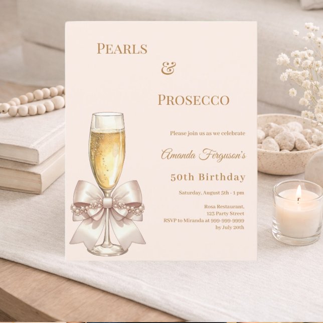 Lámina Pearls Prosecco ivory bow birthday invitation (Subido por el creador)