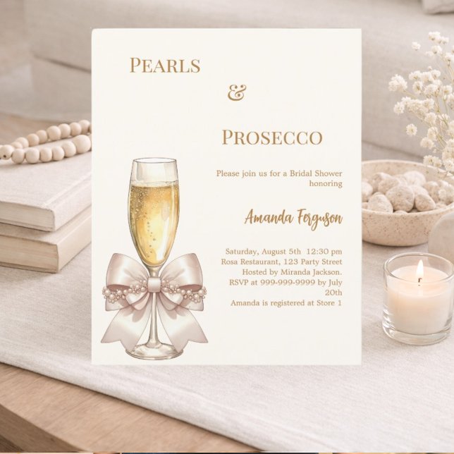Lámina Pearls Prosecco ivory bow Bridal Shower invitation (Subido por el creador)