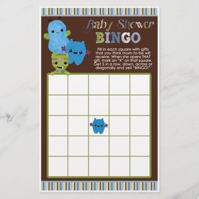 Lámina Peek a Boo Monsters Baby Shower Game BINGO (Anverso)
