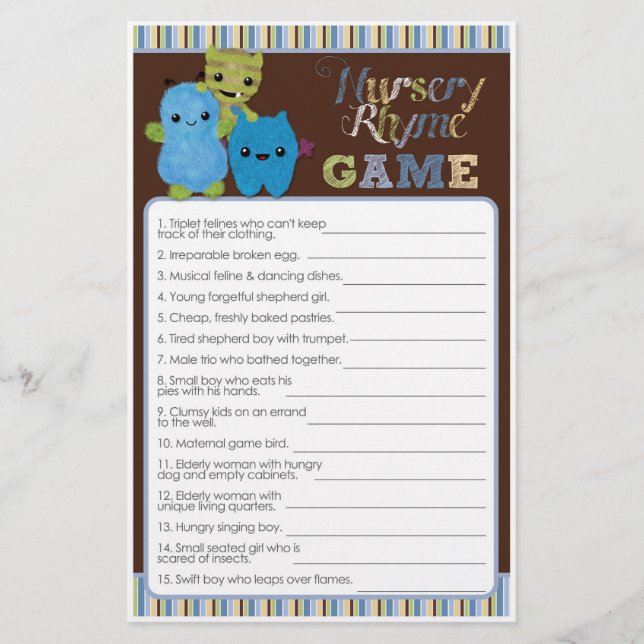 Lámina Peek a Boo Monsters Baby Shower Game Nursery Rhyme (Anverso)