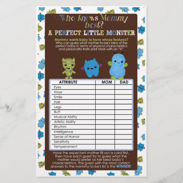 Lámina PeekaBoo Monsters Baby Shower Game Perfect Baby (Anverso)