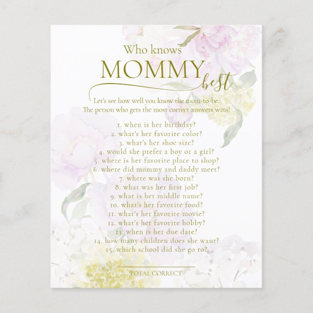 Lámina Peonies Hydrangea Baby Shower Game Mommy Best (Anverso)