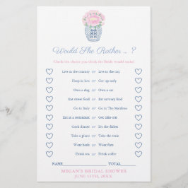 Lámina Peonies Would She Rather Bridal Shower Game Card