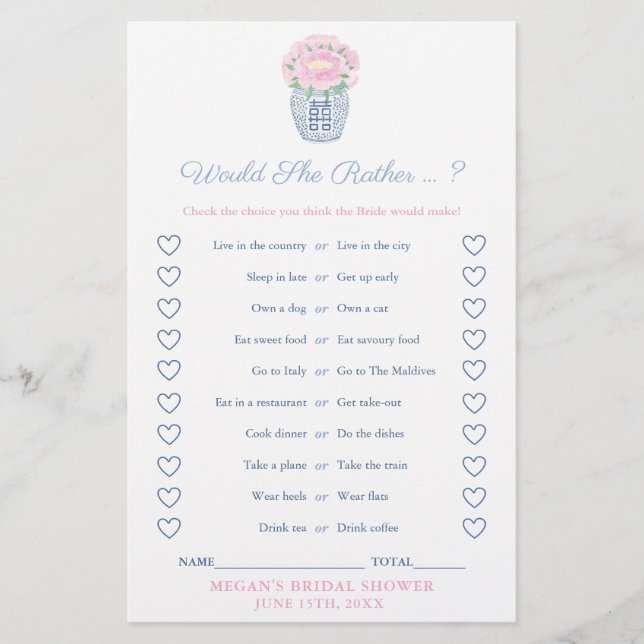 Lámina Peonies Would She Rather Bridal Shower Game Card (Anverso)