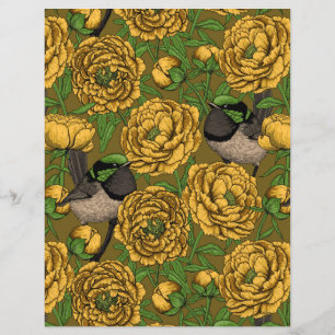 Lámina Peonies y wrens, amarillos y verdes