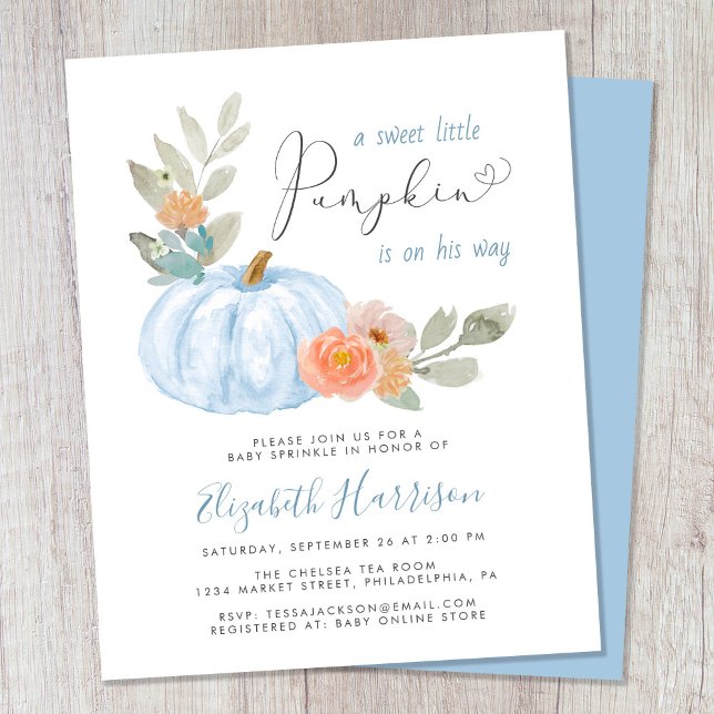 Lámina Pequeña calabaza acuarela Niño Invitación a rociar (Celebrate the upcoming arrival of your sweet little autumn baby with a pumpkin-themed baby sprinkle)