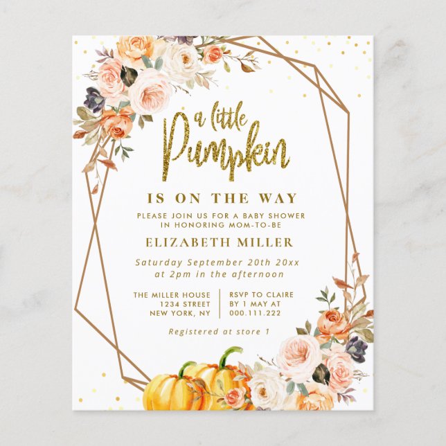 Lámina pequeña calabaza oro rubor floral bebé invitado a  (Anverso)