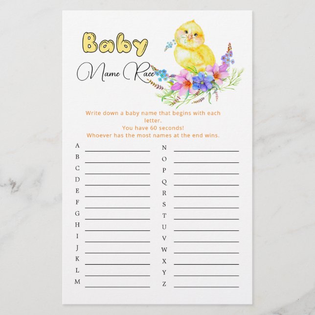 Lámina Pequeña Chick Baby Shower Baby Name Race Game (Anverso)