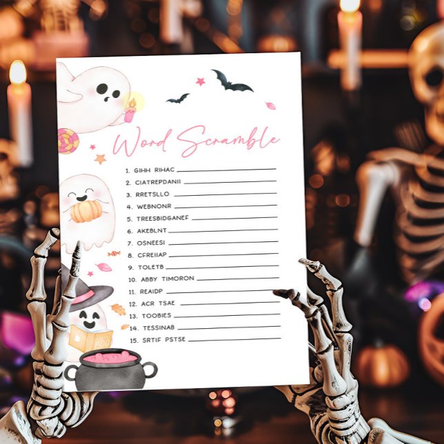 Lámina Pequeño Boo Rosa Halloween Juego de Palabras Desca (Pink Little Boo Baby Shower Word Scramble Game)