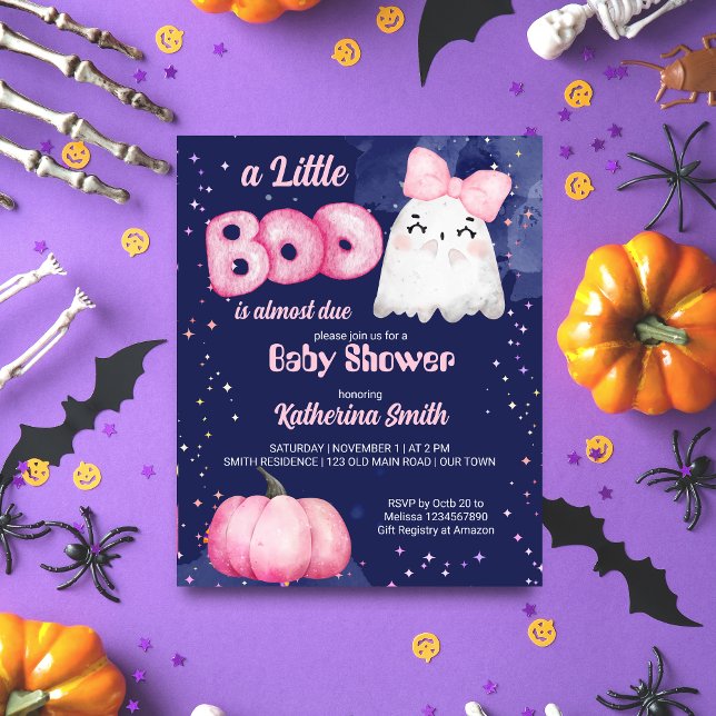 Lámina Pequeño boom Halloween chica rosa bebé ducha invit (Little boo Halloween  pink cute girl ghost baby shower template invitation navy blue starry night)