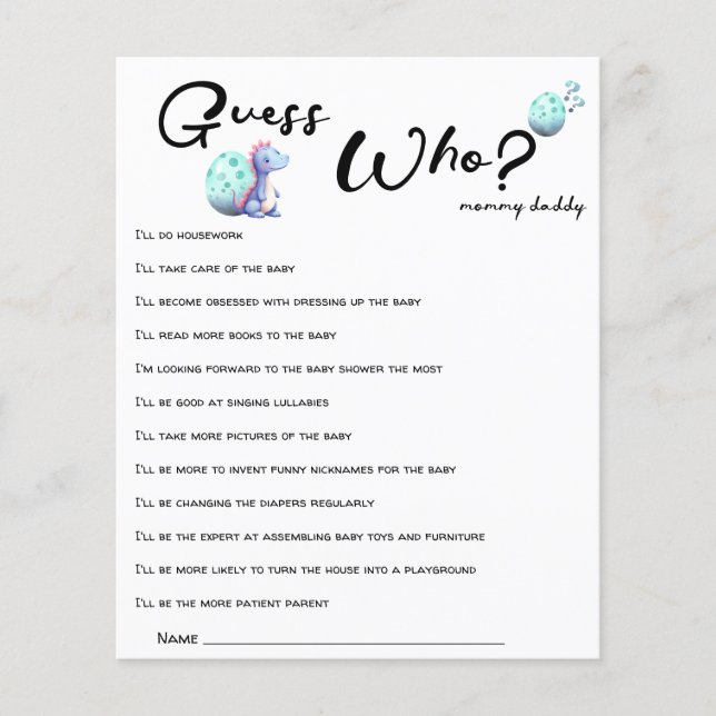 Lámina Pequeño Dinosaurio lindo Baby Shower adivina quién (Anverso)