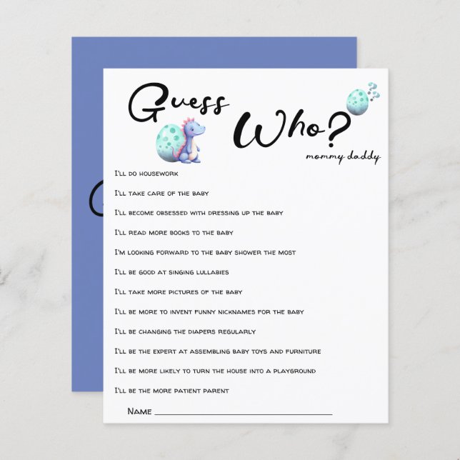 Lámina Pequeño Dinosaurio lindo Baby Shower adivina quién (Anverso / Reverso)