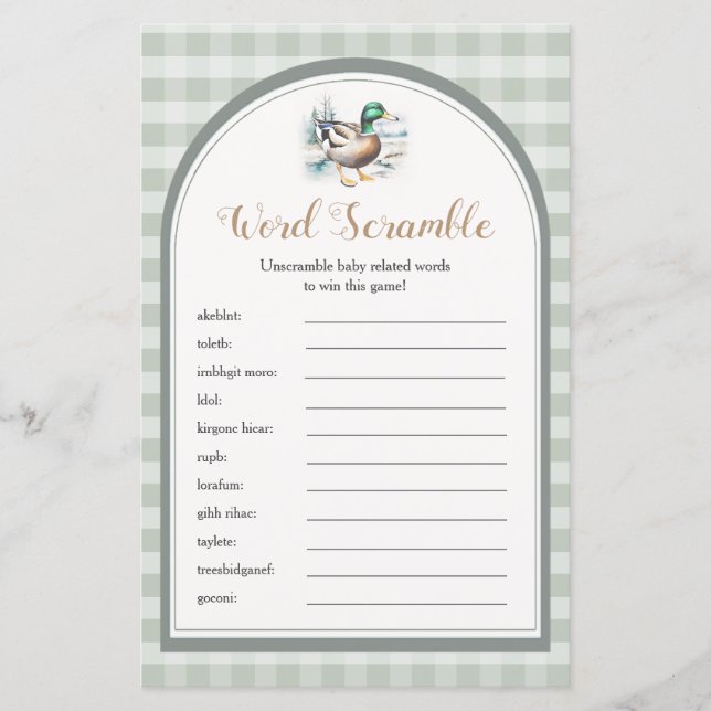 Lámina Pequeño Duckling Gingham Baby Shower Word Scramble (Anverso)