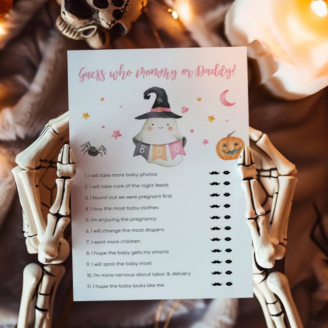 Lámina Pequeño fantasma rosado Adivina quién es mamá o pa (Little Boo Baby Shower Guess who Mommy or Daddy Game)