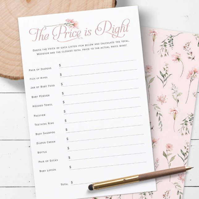Lámina pequeño flor silvestre el precio es juego de ducha (Pink Wildflower, The price is right baby girl shower games)