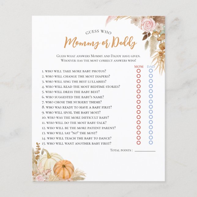 Lámina Pequeño juego de Baby Shower de calabaza Boho otoñ (Anverso)