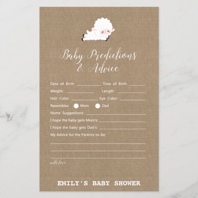 Lámina Pequeño juego de Baby Shower de cordero (Anverso)