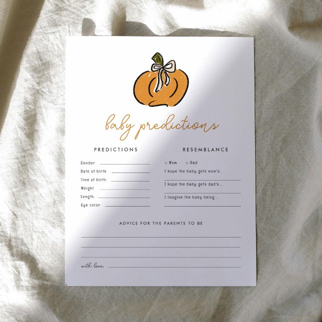 Lámina Pequeño juego de Baby Shower de predicciones de ca (Cute little pumpkin Baby Shower Baby Predictions game.)