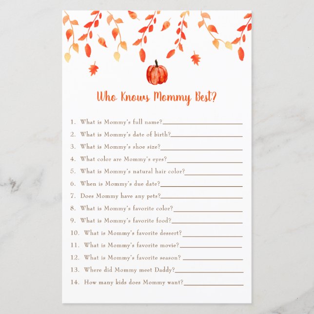 Lámina Pequeño juego de calabaza Baby Shower que conoce a (Anverso)