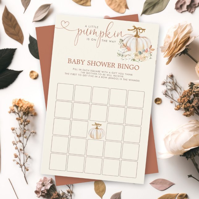 Lámina Pequeños juegos de ducha de bingo rústico de calab (A soon-to-be mom will love this watercolor autumn pumpkin floral design bingo baby shower card.)