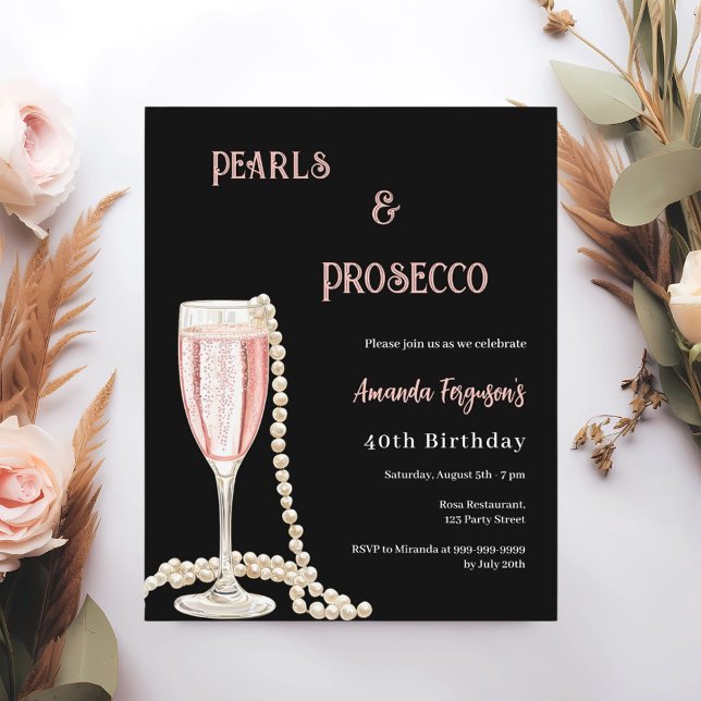 Lámina Perlas Prosecco invitación de cumpleaños rosa negr (Subido por el creador)