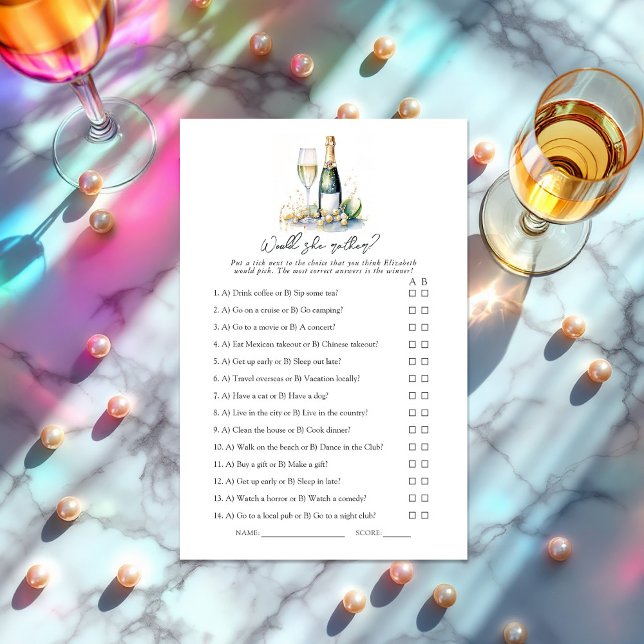 Lámina Perlas y Prosecco ¿Prefiere? Juego de novias (Pearls and Prosecco Would She Rather? Bridal Shower Game)