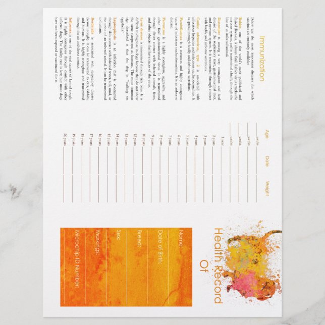 Lámina Perro acuarela de registros de salud - Naranja (Anverso)